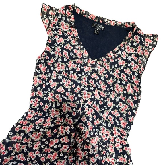 Aqua Floral Mini Dress | Ruffle Hem V-Neck Tie Waist Sleeveless | Size Small - Picture 2 of 6